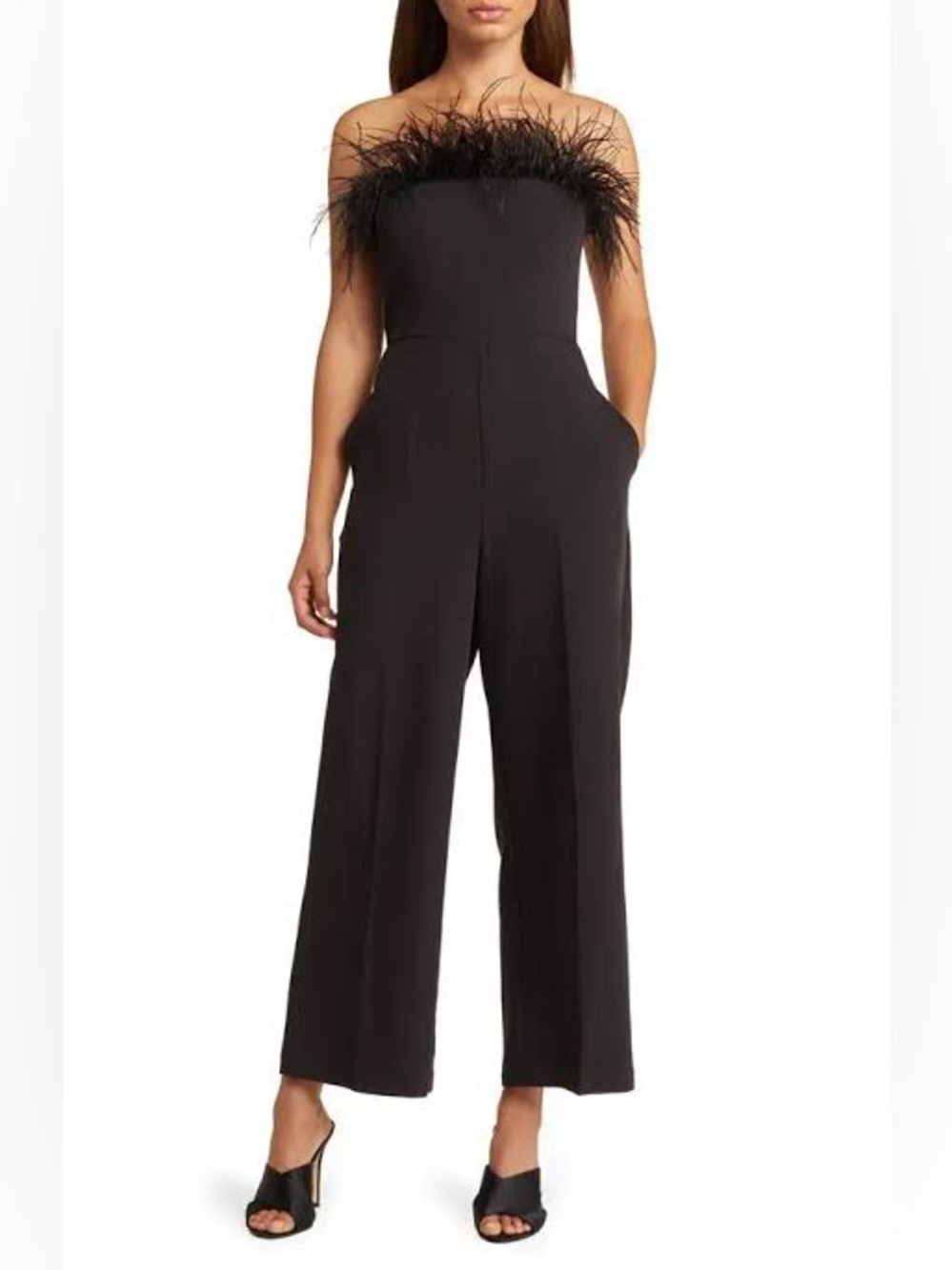 Sam Edelman Strapless Feather-Trim Wide-Leg Jumpsuit - Size 12